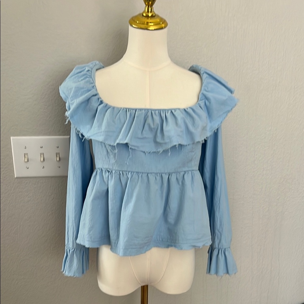 Light Blue Ruffled Open Back Top